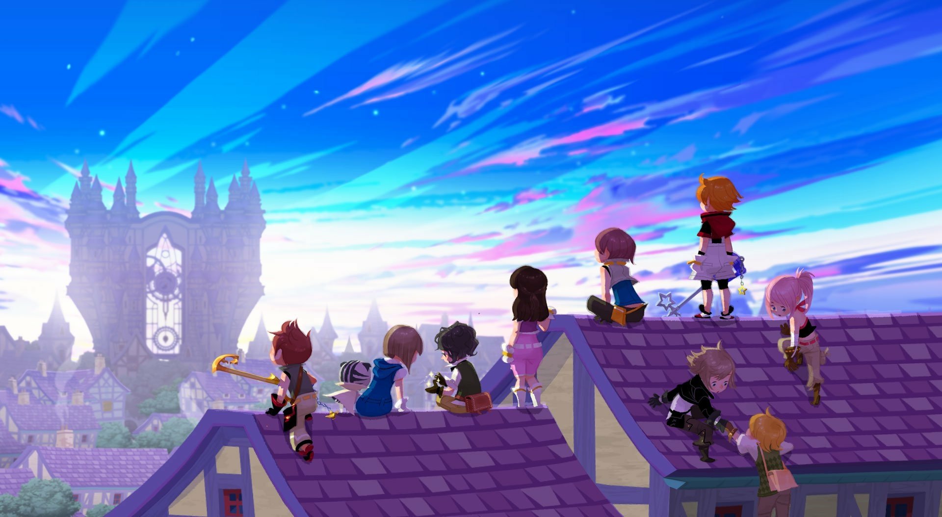 HD PC desktop wallpaper of Kingdom Hearts characters sitting on rooftops under a vibrant blue sky with a distant castle silhouette.