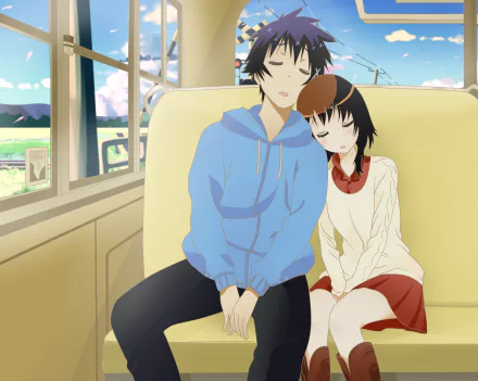 A cozy scene from the anime Nisekoi featuring Raku Ichijō and Kosaki Onodera, relaxing together on a train. This HD wallpaper captures their serene bond beautifully.
