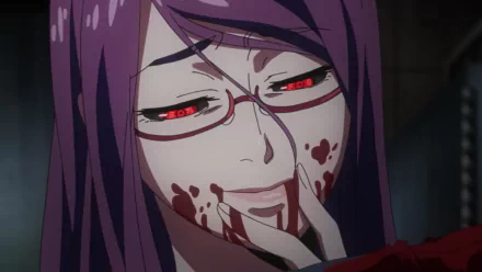Rize Kamishiro from Tokyo Ghoul depicted in a striking HD anime wallpaper, showcasing her characteristic purple hair, bloodied expression, and intense red eyes.