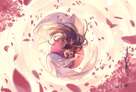 HD PC desktop wallpaper featuring Reimu Hakurei from the anime Touhou, surrounded by swirling cherry blossoms in a vibrant, dynamic composition.