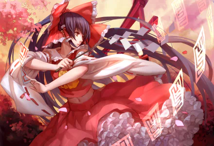 HD PC desktop wallpaper featuring Reimu Hakurei from the anime Touhou, depicted in vibrant colors with dynamic movement and traditional spiritual elements.