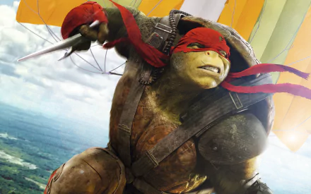 Raphael from Teenage Mutant Ninja Turtles: Out of the Shadows is depicted in action with his signature red bandana, wielding a weapon against a dynamic backdrop.