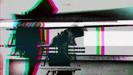 Artistic 4K Ultra HD wallpaper featuring a glitch aesthetic with distorted imagery of a figure in motion, creating a visually striking and modern digital backdrop.