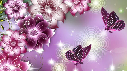 A vibrant artistic depiction featuring purple flowers and delicate butterflies, set against a shimmering background. This HD wallpaper adds elegance to any desktop.