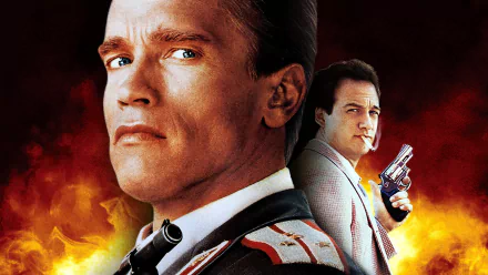 HD desktop wallpaper featuring Arnold Schwarzenegger and James Belushi from the movie Red Heat, set against a fiery background.