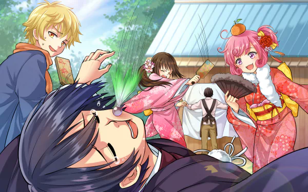 A colorful Noragami scene featuring Yukine, Daikoku, Kofuku, Hiyori, and Yato in traditional attire, capturing their playful interactions in a vibrant setting.