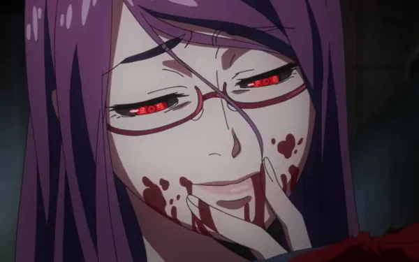 Rize Kamishiro from Tokyo Ghoul depicted in a striking HD anime wallpaper, showcasing her characteristic purple hair, bloodied expression, and intense red eyes.