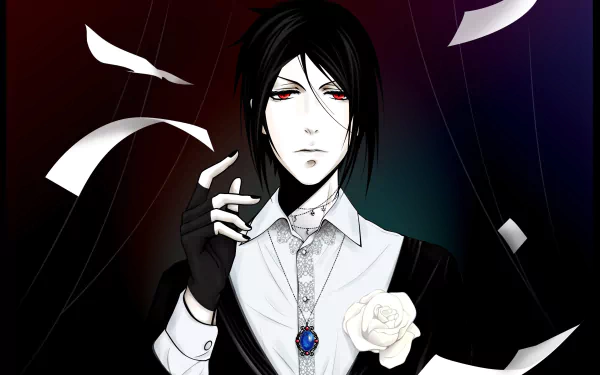 An HD desktop wallpaper featuring Sebastian Michaelis from the anime Black Butler, portraying a sophisticated character amidst swirling paper and a dark background.