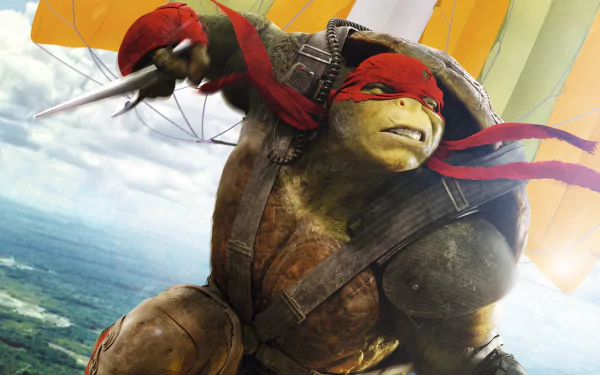 Raphael from Teenage Mutant Ninja Turtles: Out of the Shadows is depicted in action with his signature red bandana, wielding a weapon against a dynamic backdrop.