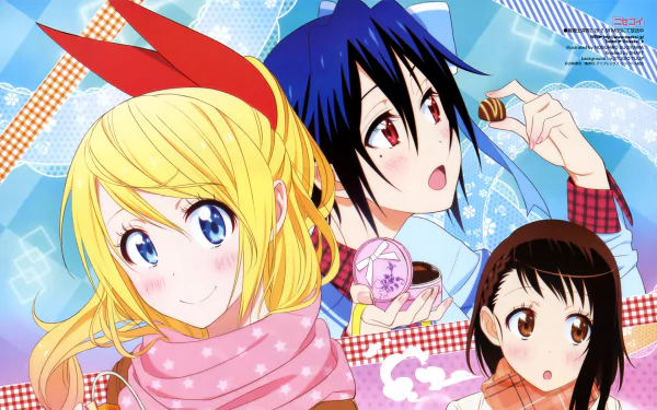 A vibrant HD wallpaper featuring characters Seishirou Tsugumi, Kosaki Onodera, and Chitoge Kirisaki from the anime Nisekoi, set against a playful, colorful background.