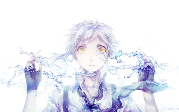 HD desktop wallpaper featuring Atsushi Nakajima from the anime Bungou Stray Dogs, depicted with captivating yellow eyes and ethereal water effects surrounding him against a white background.