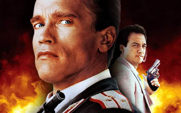 HD desktop wallpaper featuring Arnold Schwarzenegger and James Belushi from the movie Red Heat, set against a fiery background.