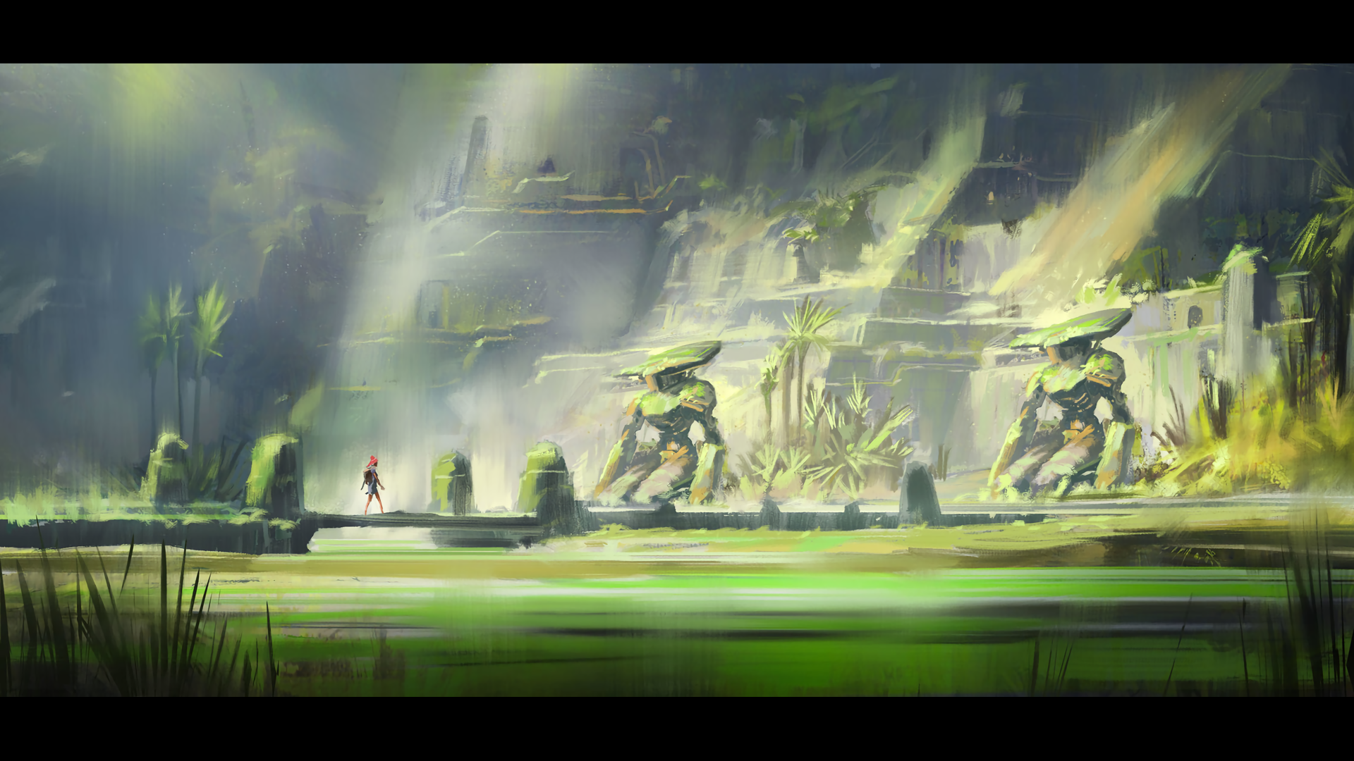 Fantasy adventure HD PC desktop wallpaper and background: lone traveler faces towering moss-clad guardians among misty tiered jungle ruins, glowing green water and shafts of light.