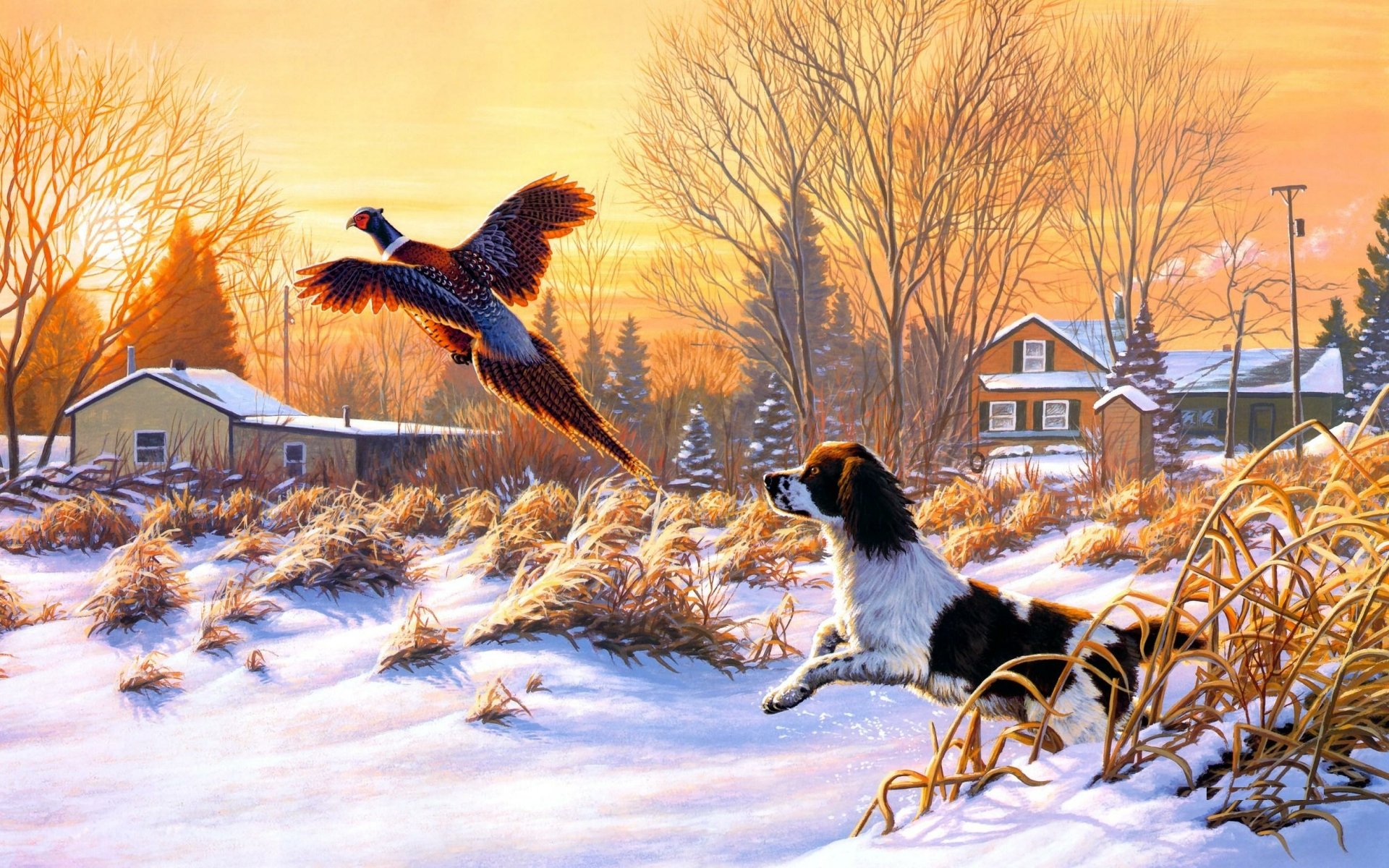 A serene HD desktop wallpaper features a playful dog chasing a bird in a winter landscape, with a sunset glow illuminating the scene and a cozy house in the background.