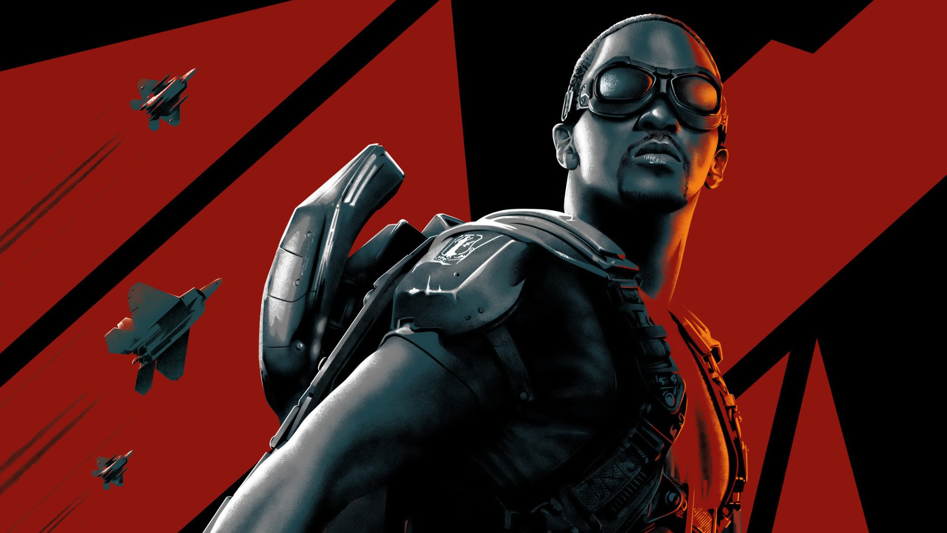 Dynamic HD wallpaper featuring a character from Captain America: The Winter Soldier, showcasing a hero in a striking pose against a bold red background with fighter jets.