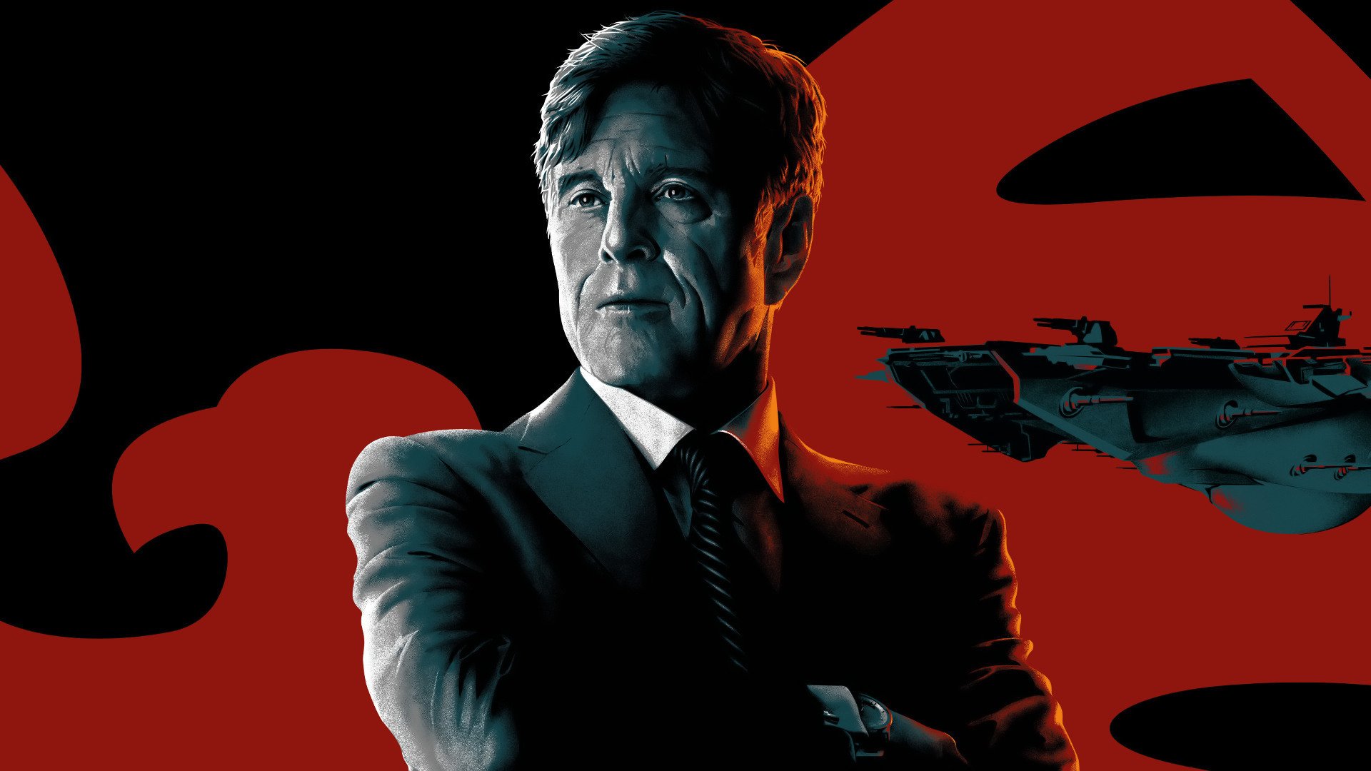 A dramatic HD wallpaper featuring a character from Captain America: The Winter Soldier, showcasing a man in a suit against a striking red and black background.