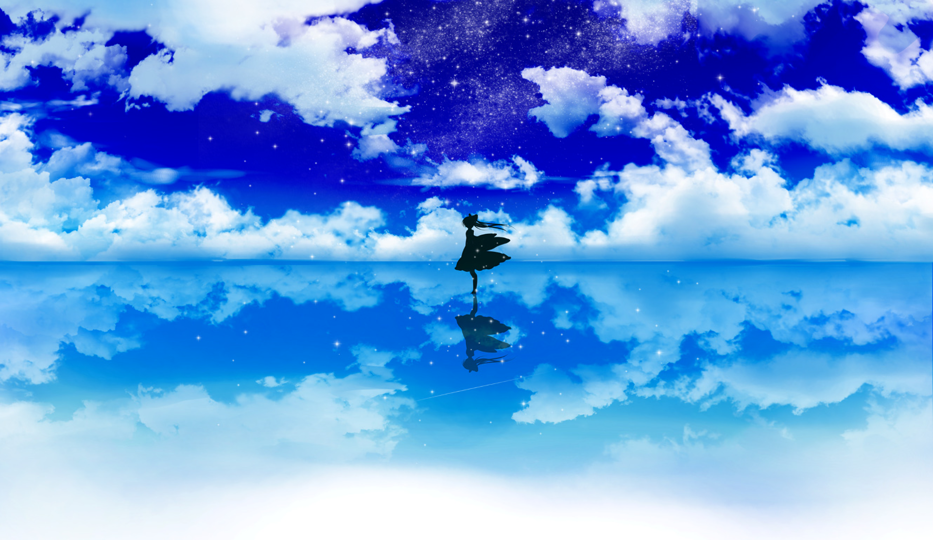 A serene HD wallpaper featuring Reimu Hakurei from the anime Touhou, showcased against a reflective blue sky filled with clouds and stars, creating a tranquil and enchanting atmosphere.