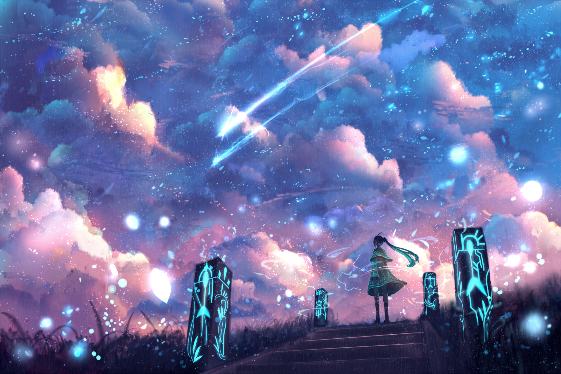 A captivating HD anime wallpaper featuring a girl standing on a path, gazing up at a starry sky filled with colorful clouds and shooting stars, surrounded by glowing pillars.