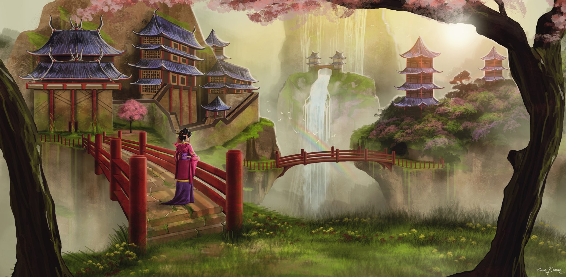 Fantasy oriental landscape with traditional pagodas, cherry blossoms, and a misty waterfall, rendered in HD for a detailed PC desktop wallpaper background.