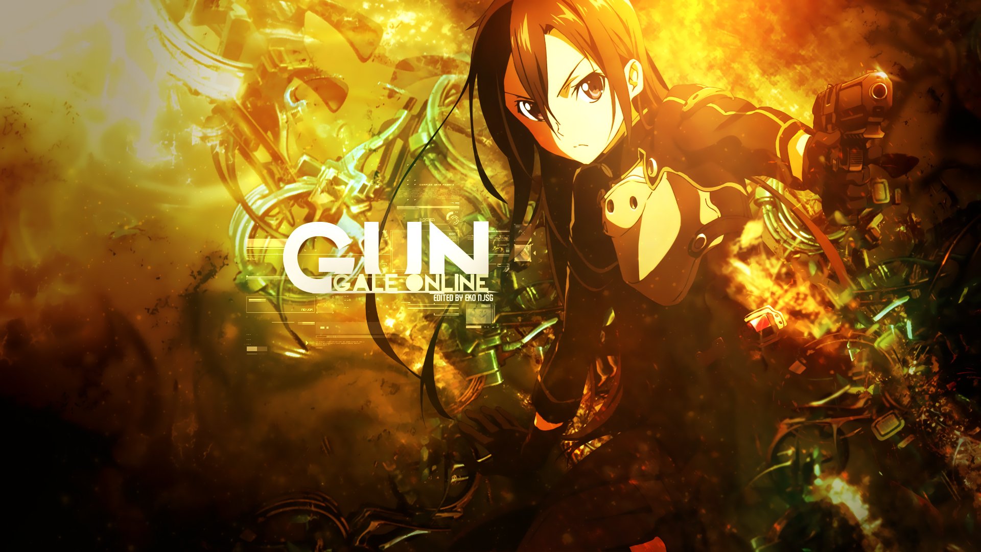 An HD desktop wallpaper featuring Kirito from Sword Art Online and Gun Gale Online, showcasing Kazuto Kirigaya in an action-packed anime scene with vibrant colors and dynamic design.
