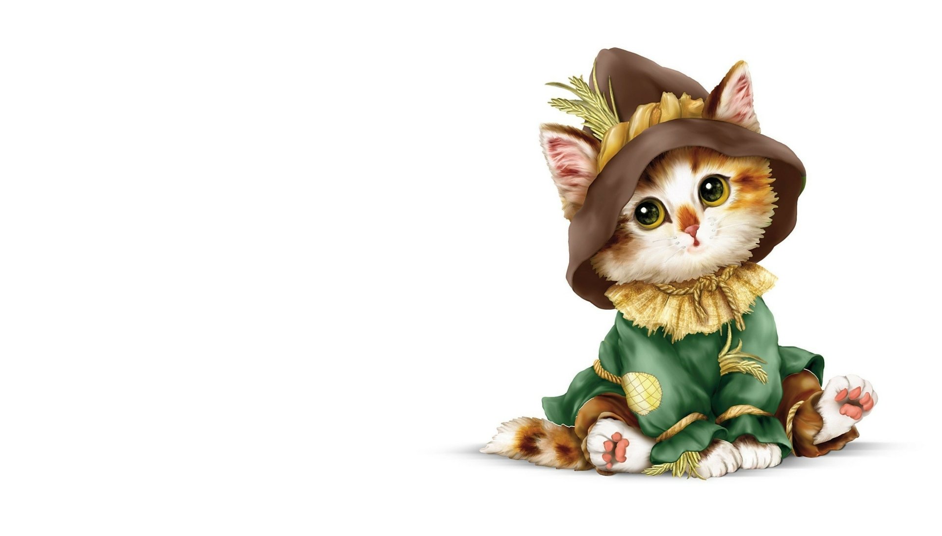 A cute kitten dressed in a whimsical green outfit and a brown hat, exuding a fantasy vibe. This HD wallpaper brings a charming touch to any desktop background.