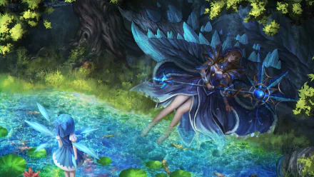 HD PC desktop wallpaper featuring Cirno from Touhou in a detailed anime-style forest scene with luminous water and magical elements.