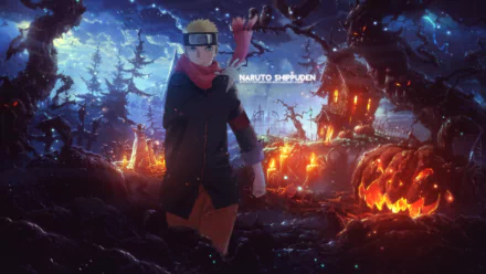 HD desktop wallpaper featuring Naruto Uzumaki from the anime Naruto Shippuden, set against a dramatic, fiery landscape with eerie trees and glowing pumpkins.
