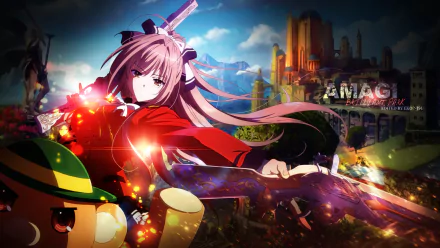 HD wallpaper featuring Moffle and Isuzu Sento from the anime Amagi Brilliant Park, showcasing vibrant colors and dynamic action against a stunning background.