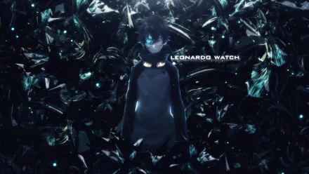 A striking HD wallpaper featuring Leonardo Watch from the anime Blood Blockade Battlefront, surrounded by a dynamic, crystalline backdrop.