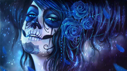 HD desktop wallpaper of an artistic Day of the Dead sugar skull woman adorned with blue roses and detailed blue makeup against a dark, glowing background.