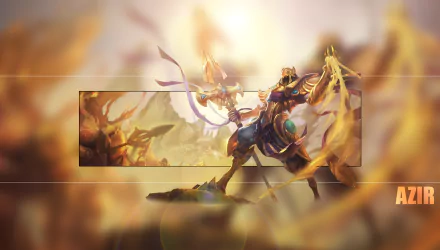 HD PC desktop wallpaper featuring Azir, a champion from the video game League of Legends, depicted wielding his staff in a dynamic, golden-hued scene.