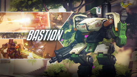 HD PC desktop wallpaper featuring Bastion from the video game Overwatch, showcasing the character in a detailed, vibrant forest setting with dynamic action scenes.