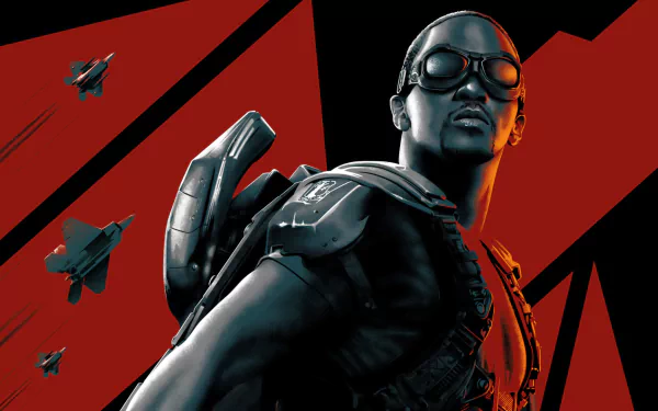 Dynamic HD wallpaper featuring a character from Captain America: The Winter Soldier, showcasing a hero in a striking pose against a bold red background with fighter jets.