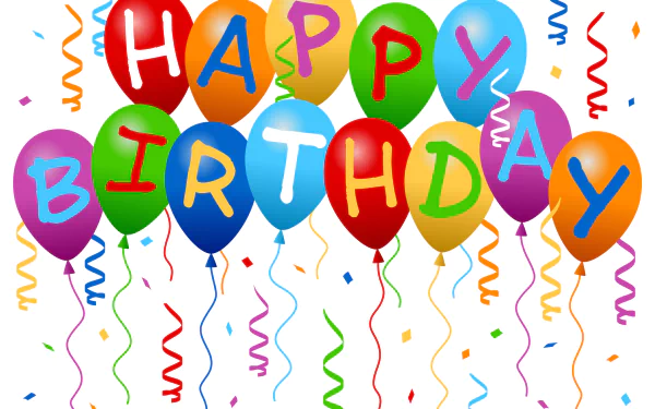 Colorful balloons and vibrant confetti create a festive atmosphere, celebrating a birthday with bold letters spelling HAPPY BIRTHDAY against a cheerful backdrop. A joyful holiday wallpaper.
