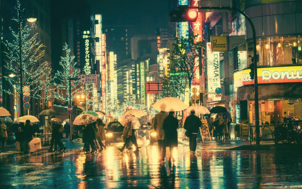 A vibrant Tokyo street scene at night, featuring pedestrians with umbrellas amidst colorful neon lights and reflections on wet pavement, captured as an HD desktop wallpaper.