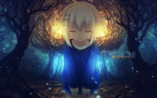 HD desktop wallpaper of Origami Tobiichi from the anime Date A Live, featuring her standing in a mystical forest setting with soft, glowing lights in the background.