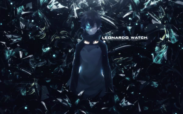 A striking HD wallpaper featuring Leonardo Watch from the anime Blood Blockade Battlefront, surrounded by a dynamic, crystalline backdrop.