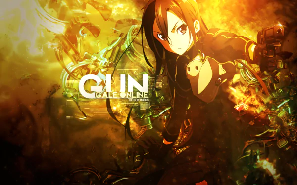An HD desktop wallpaper featuring Kirito from Sword Art Online and Gun Gale Online, showcasing Kazuto Kirigaya in an action-packed anime scene with vibrant colors and dynamic design.