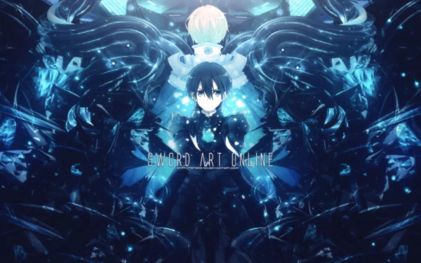 HD desktop wallpaper featuring Kazuto Kirigaya from the anime Sword Art Online, showcasing a dynamic and vibrant blue-themed background.