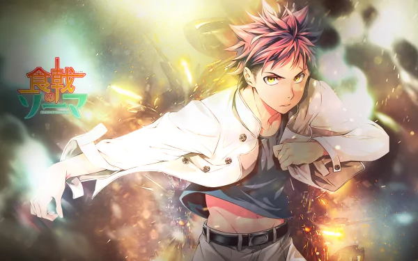 Sōma Yukihira from Food Wars: Shokugeki no Soma poses dynamically against a vibrant, dramatic background, showcasing his culinary passion and determination in this HD desktop wallpaper.