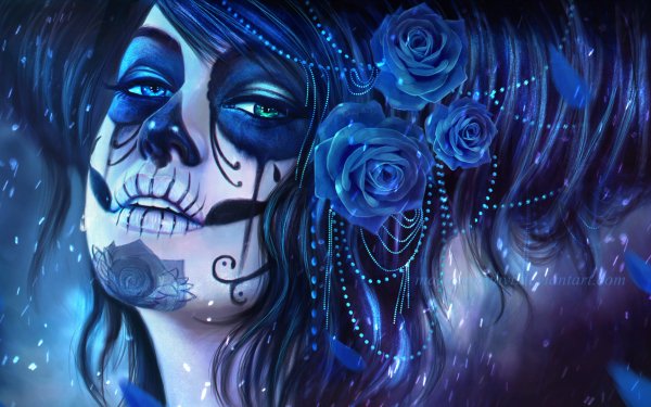 Artistic Sugar Skull Day of the Dead Skeleton Makeup Blue Rose HD Wallpaper | Background Image