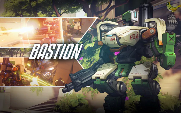 HD PC desktop wallpaper featuring Bastion from the video game Overwatch, showcasing the character in a detailed, vibrant forest setting with dynamic action scenes.