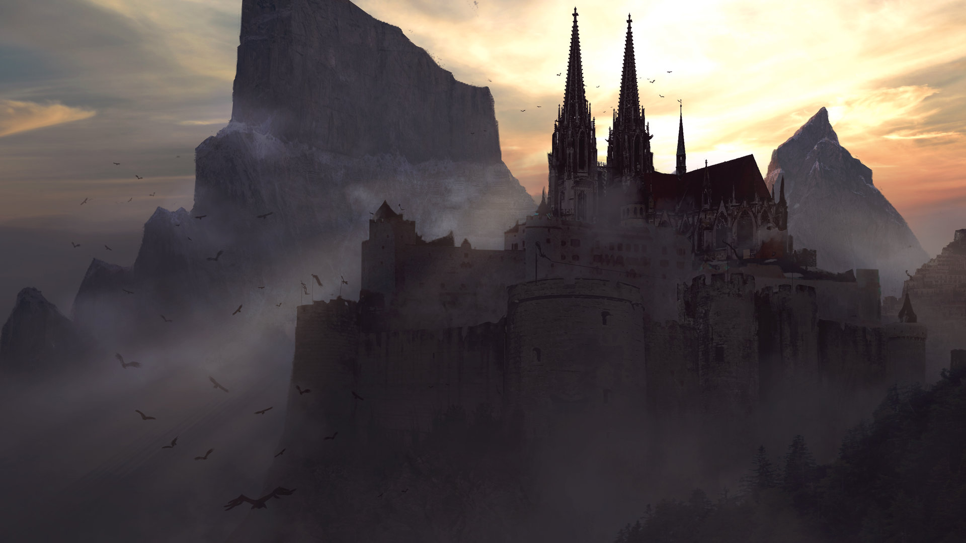 Majestic Fantasy Castle at Dusk – Stunning HD Wallpaper by Edouard Noisette
