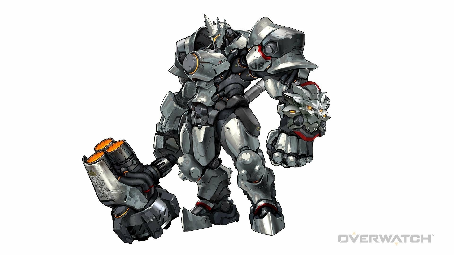 HD PC desktop wallpaper of Reinhardt (Overwatch), the armored video game hero in bulky silver power armor wielding a massive hammer — Overwatch background.