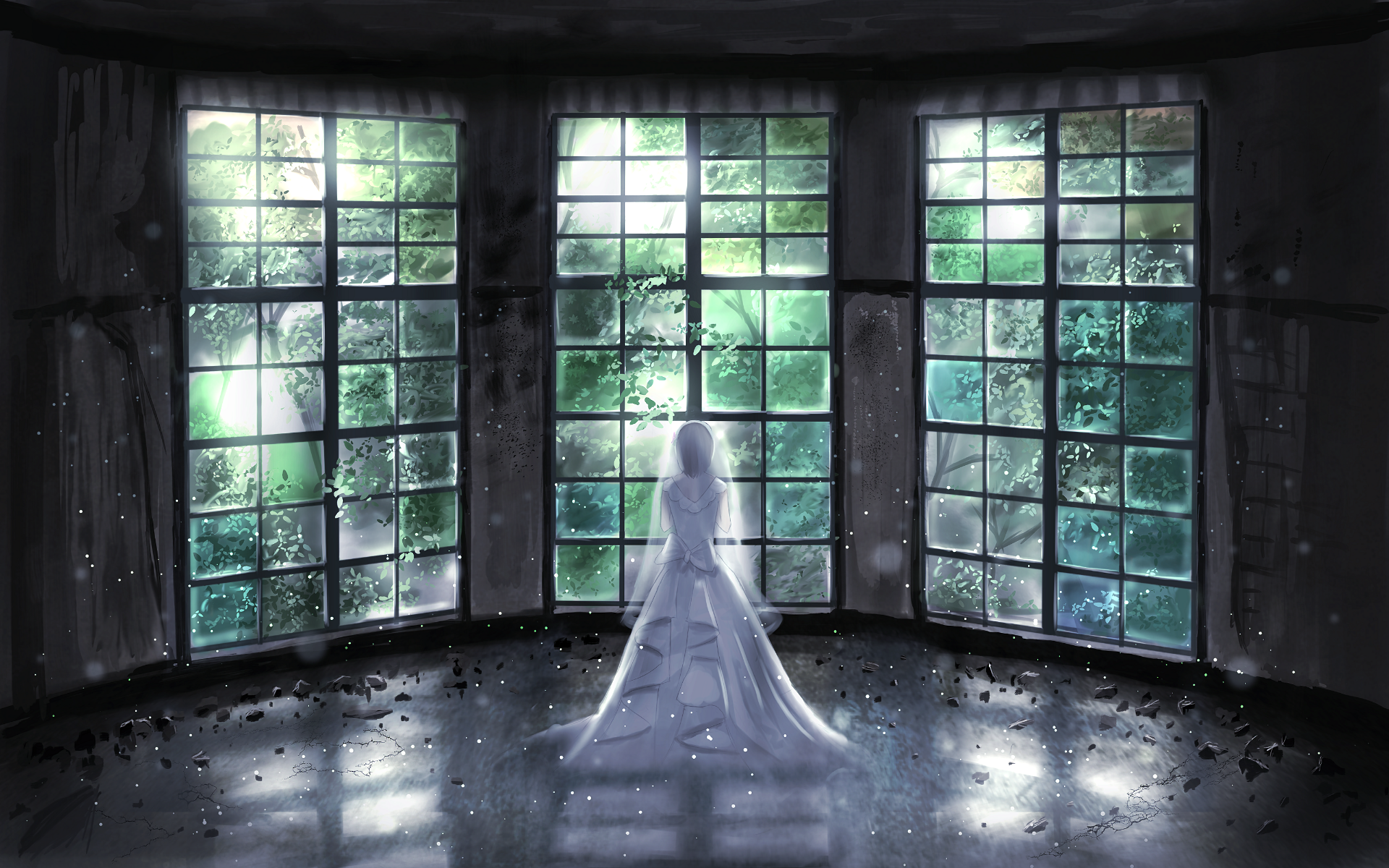 A serene anime scene shows a figure in a flowing white dress standing in a dark room surrounded by large windows, revealing lush greenery outside. This HD wallpaper captures a tranquil atmosphere.