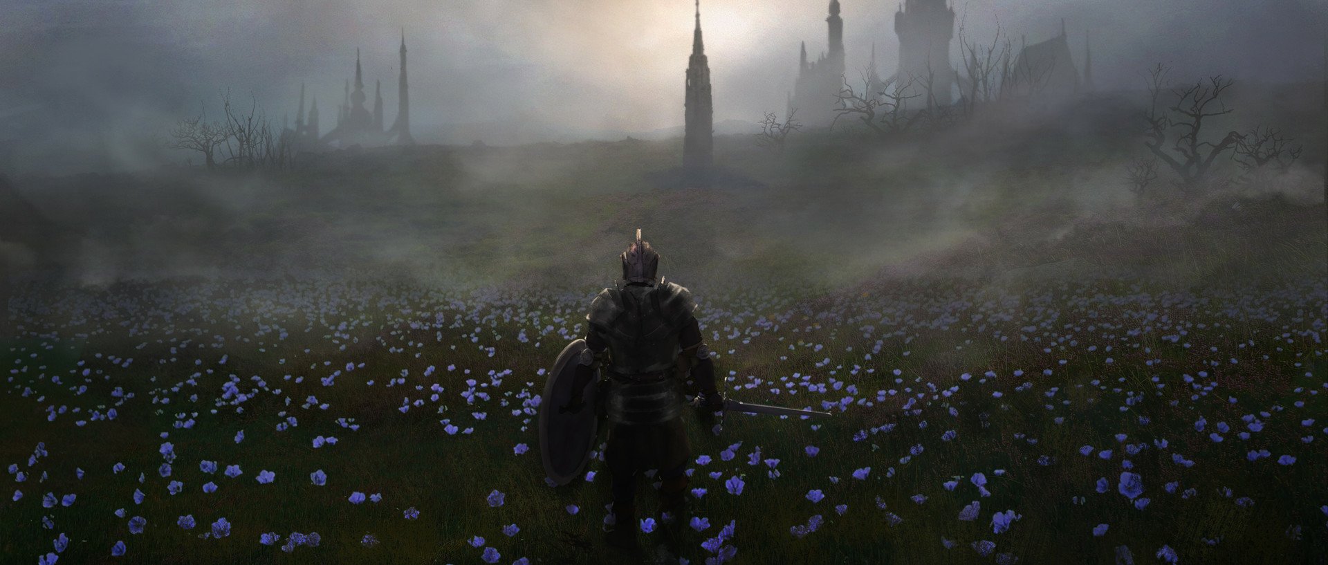 HD PC desktop wallpaper depicting a Dark Souls video game scene with a knight standing in a misty field of purple flowers facing distant gothic towers.