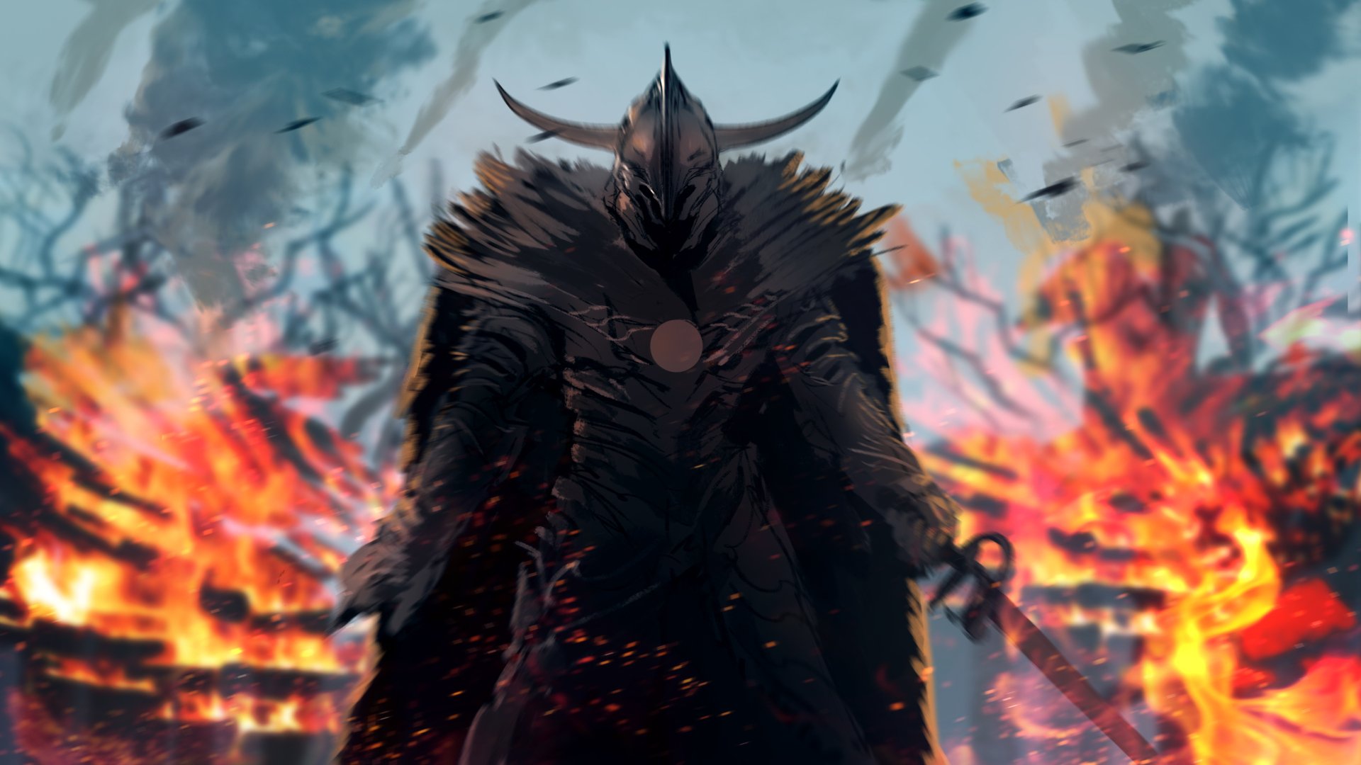 A fierce fantasy warrior stands in a fiery landscape, wearing a detailed helmet and rugged armor, evoking a powerful knight ready for battle. HD desktop wallpaper with vivid colors.