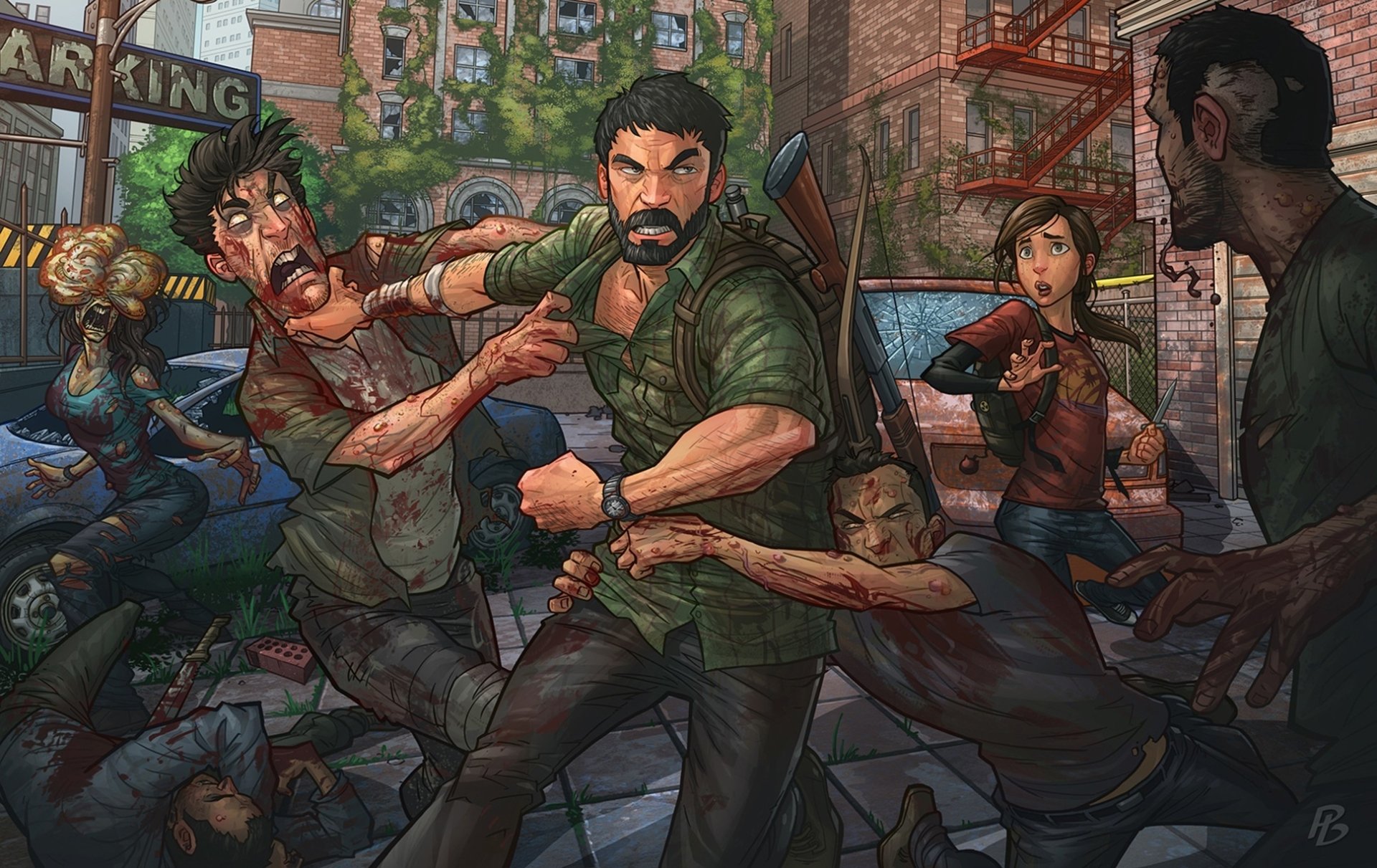 Ellie and Joel from *The Last of Us* engage in a tense battle against infected in a post-apocalyptic urban setting. HD wallpaper showcasing intense action and detailed characters.