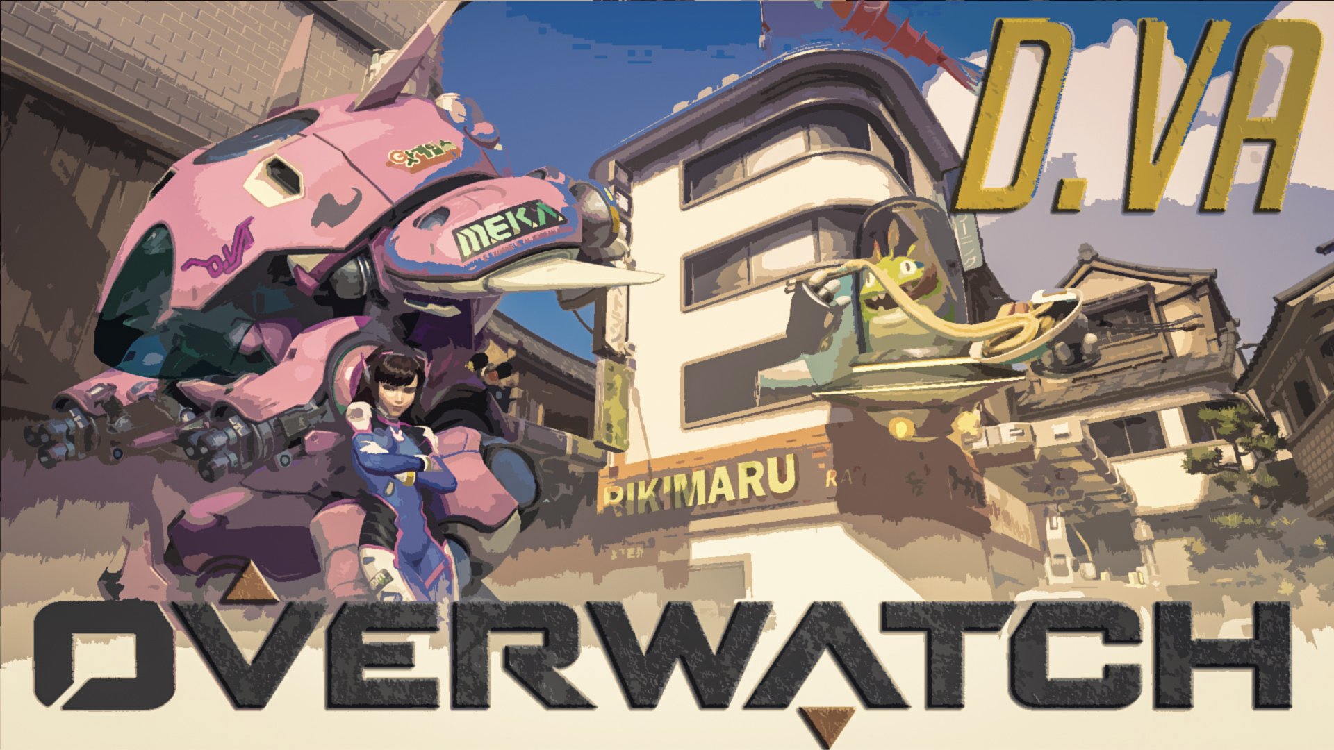 HD PC desktop wallpaper featuring D.Va from Overwatch standing beside her mech in a vibrant urban setting.