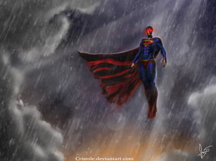 HD desktop wallpaper featuring Superman from DC Comics, standing in the rain with glowing red eyes and iconic logo, set against a stormy, dramatic sky.